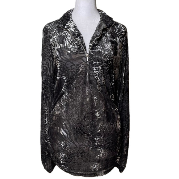 Sno Skins Pullover Zip Neck Top Velvet Burnouts Animal Print Black Gray Silver - Picture 1 of 13